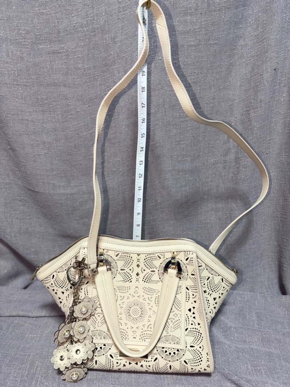 Zac Posen Cream Laser-Cut Floral Satchel with Charm